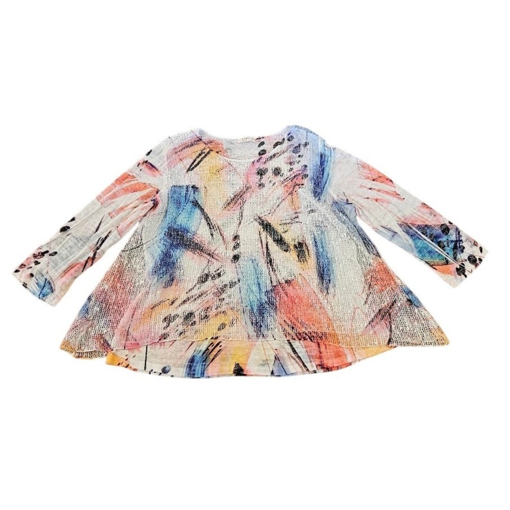 Jess & Jane Womens 1X Abstract Print Mesh Tunic Top Multicolor Artsy Shirt